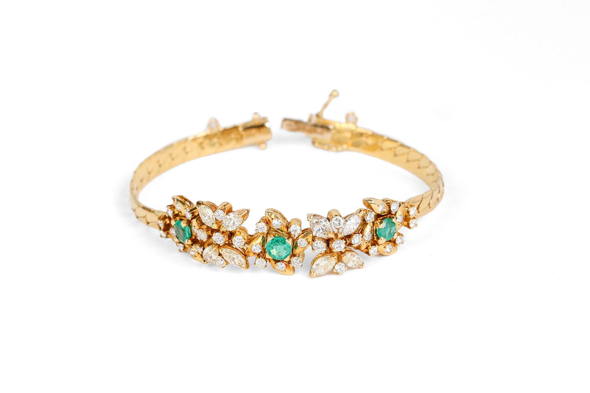 18k Yellow Gold Bracelet with Diamonds and Emeralds 7 Inch